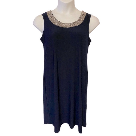 R & M Richards Dresses R M Richards Navy Stretch Knit Shift Beaded